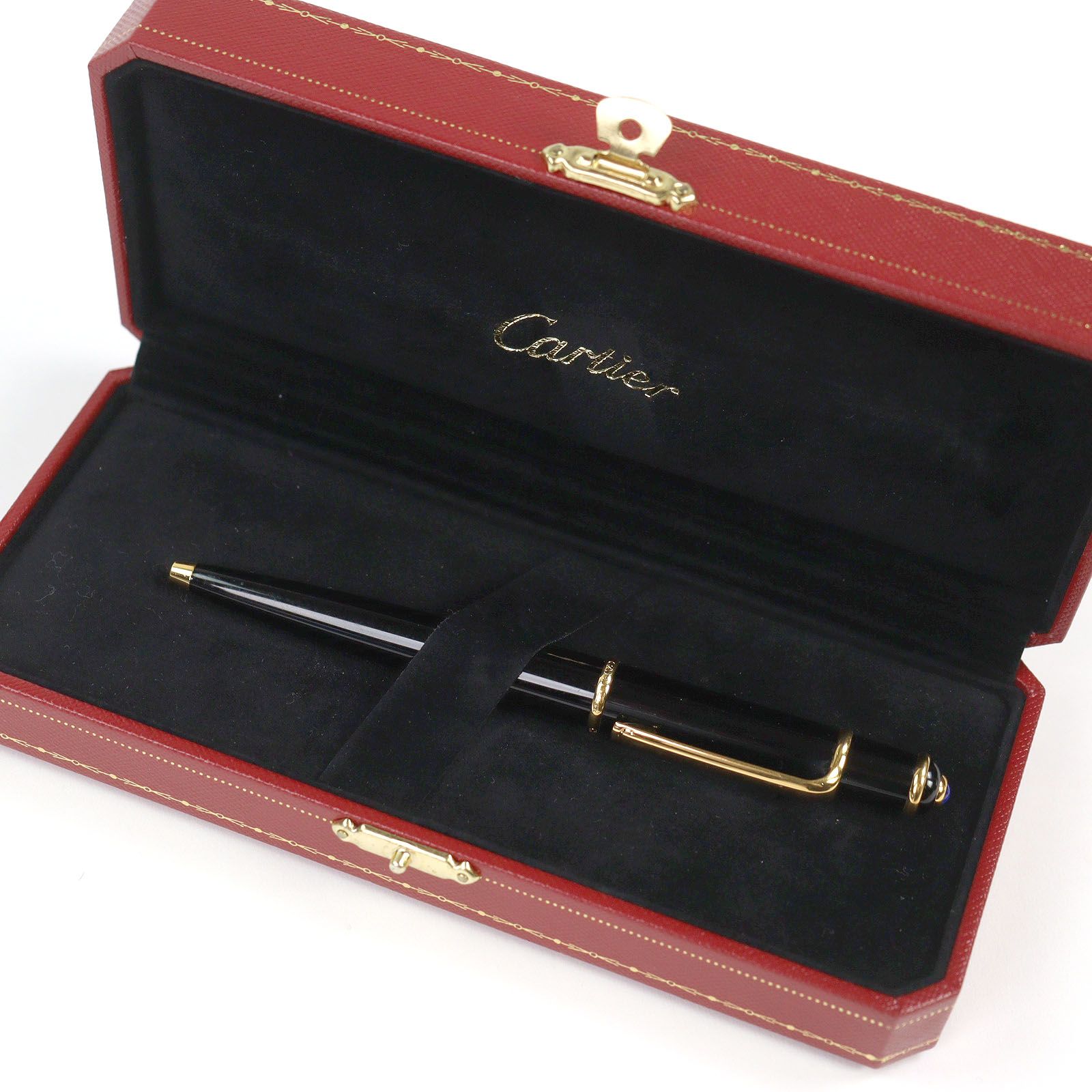 □Cartier カルティエ ディアボロ ドゥ ブルージェムストーン ツイスト式 ボールペン ブラック ゴールド ケース付き ドイツ製 メンズ 筆記 済み