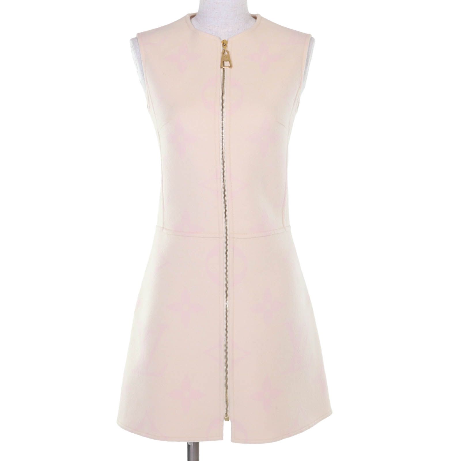 LOUIS VUITTON ルイヴィトン FIDS 06 ウール シルク ジャイアントモノグラム フロントジップ ノースリーブ ワンピース アイボリー系 34 ガーメント付き イタリア製 レディース