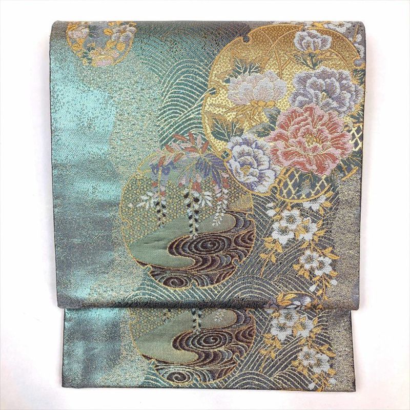 たんす屋 リユース帯 帯 袋帯 緑 フォーマル セミフォーマル 六通 金糸 引箔 雪輪 桜 藤 芍薬 流水