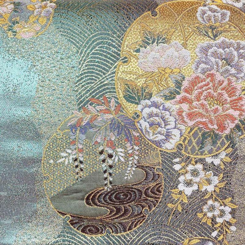 たんす屋 リユース帯 帯 袋帯 緑 フォーマル セミフォーマル 六通 金糸 引箔 雪輪 桜 藤 芍薬 流水