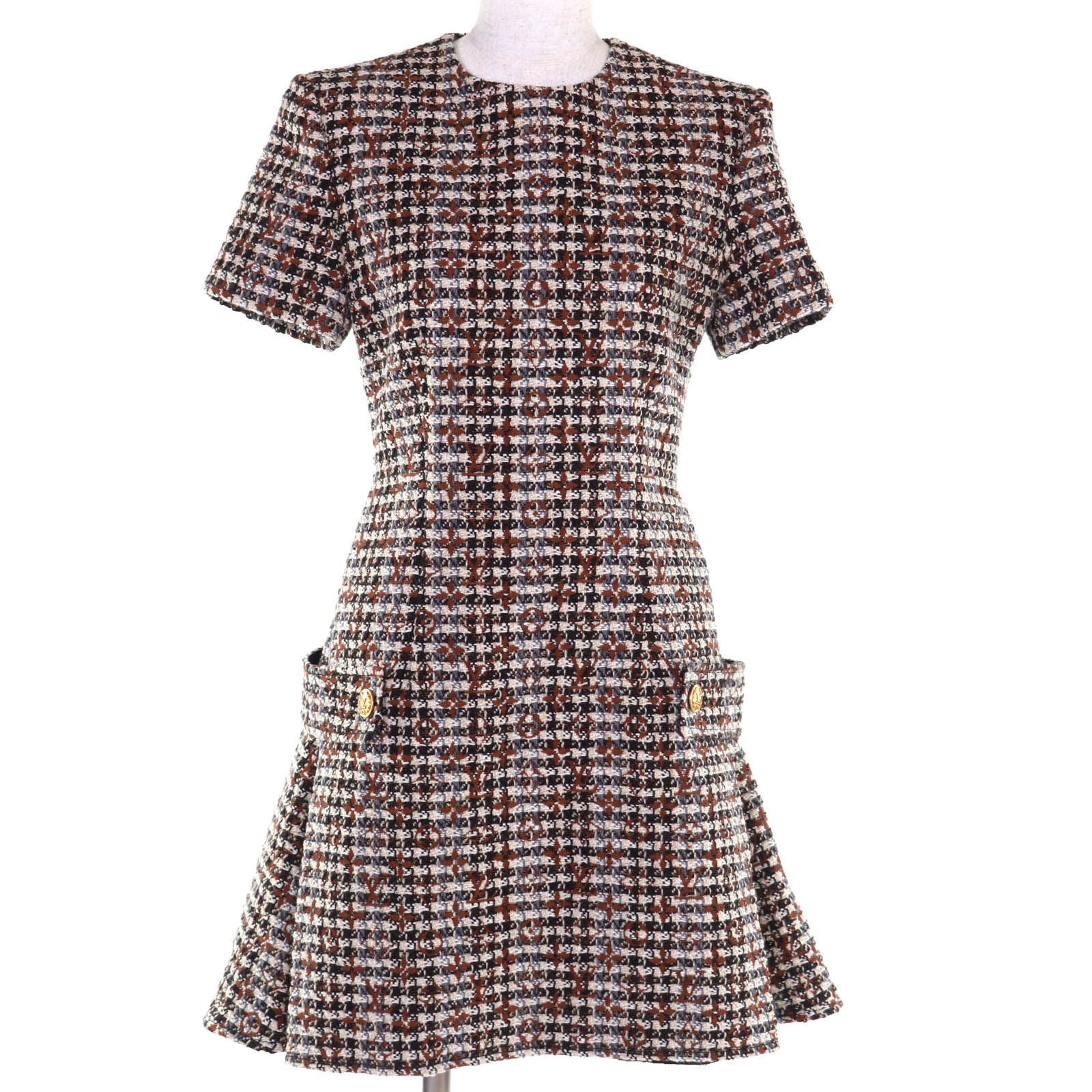 LOUIS VUITTON ルイヴィトン FNDR 50 ウール モヘア混 モノグラム ツイード ドレス ワンピース マルチ 36 ハンガー ガーメント付き イタリア製 レディース