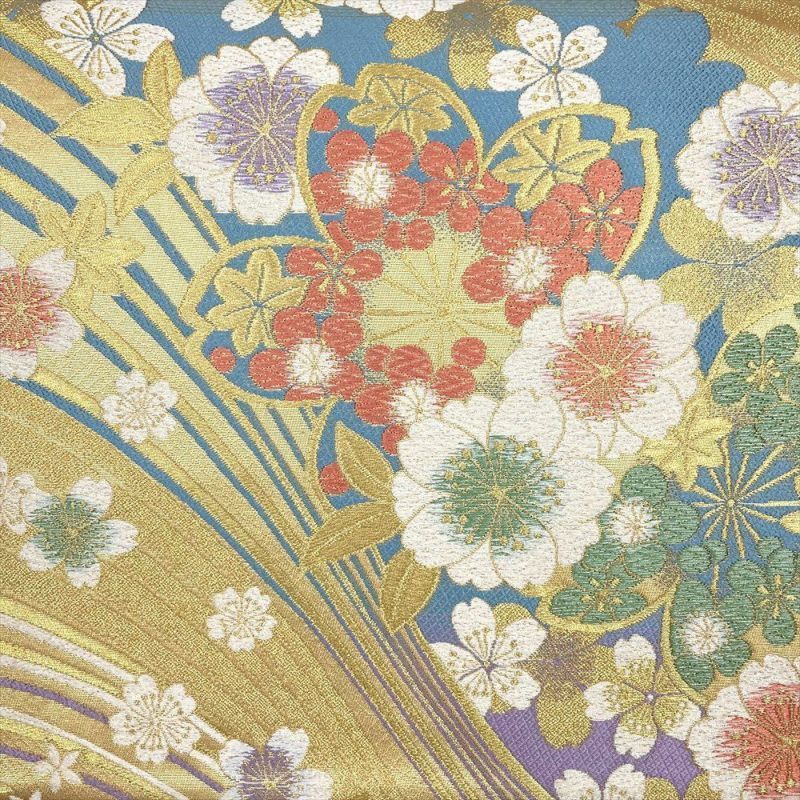 たんす屋 リユース帯 帯 振袖用袋帯 金 フォーマル 六通 金糸 桜 流水 シルエット