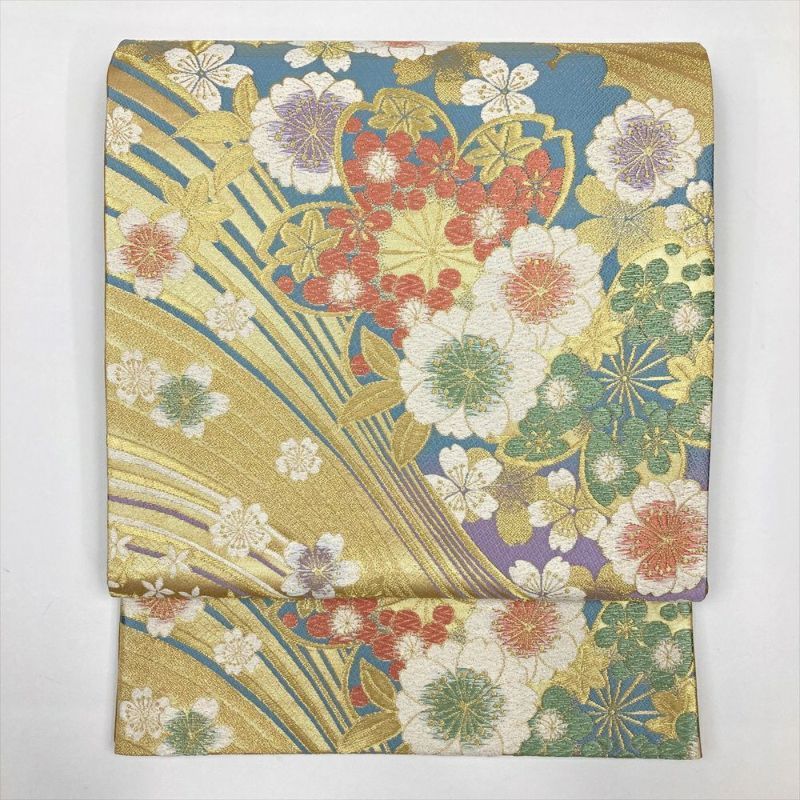 たんす屋 リユース帯 帯 振袖用袋帯 金 フォーマル 六通 金糸 桜 流水 シルエット