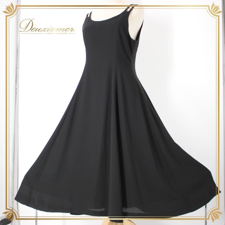 社交ダンス 衣装 スタンダード ドレス ワンピース レッスンウェア パーティ衣装 Sanline サンリーヌ 黒 ブラック系 無地 シンプル ノースリーブ 袖なし カジュアルドレス フロア長丈 体型カバー クラシックスタイル ダンス用ドレス