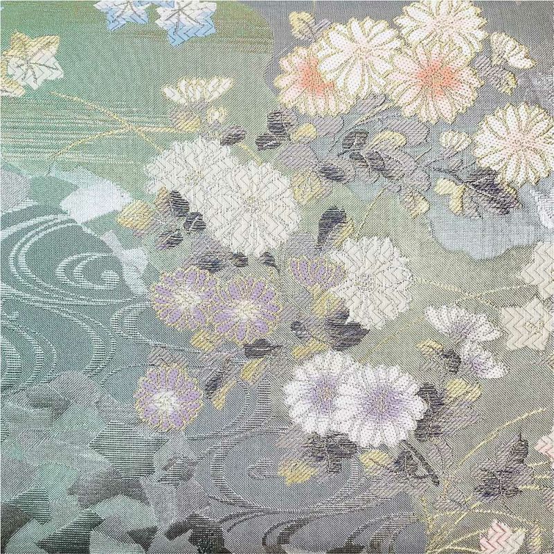 たんす屋 リユース帯 帯 袋帯 薄グリーン フォーマル セミフォーマル 六通 金糸 銀糸 四季花 流水 琳派調