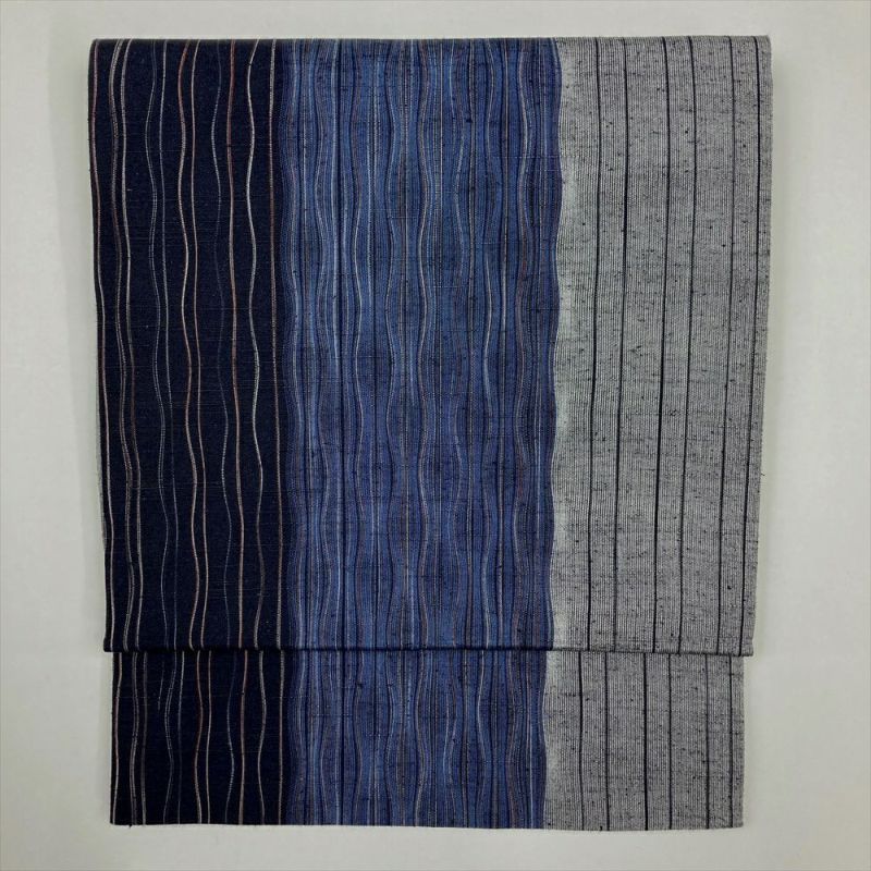 たんす屋 リユース帯 帯 袋帯 黒 藍 灰色 三色縞 カジュアル リバーシブル 全通 よろけ縞