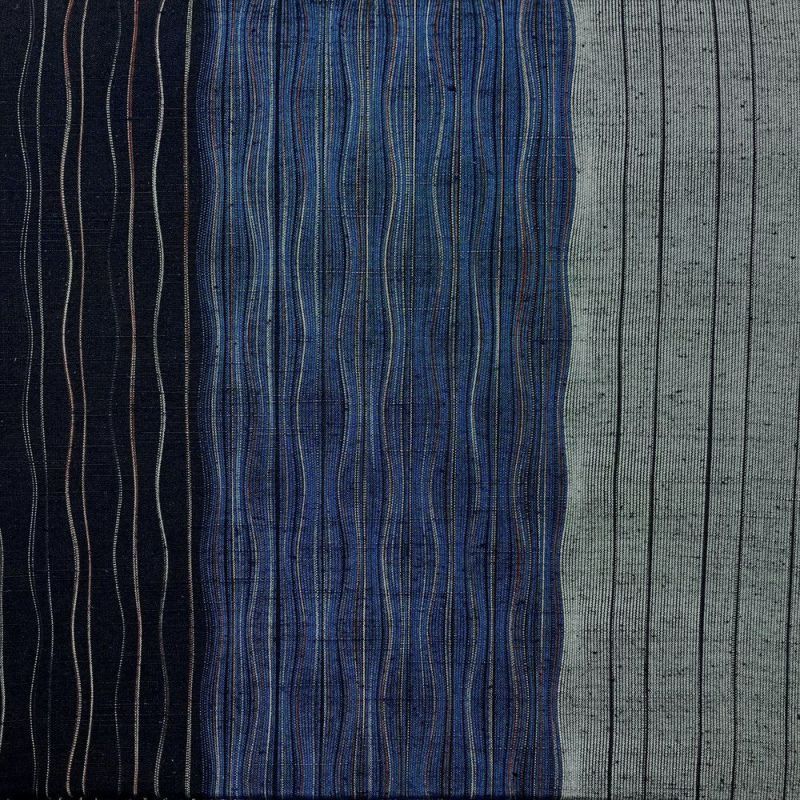 たんす屋 リユース帯 帯 袋帯 黒 藍 灰色 三色縞 カジュアル リバーシブル 全通 よろけ縞