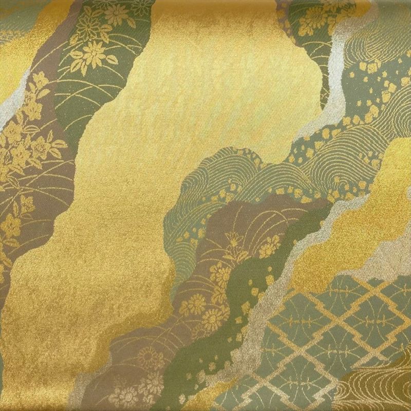 たんす屋 リユース帯 帯 袋帯 金地 フォーマル セミフォーマル 六通 金糸 銀糸 道長取り 秋の草花 流水 波 吉祥文