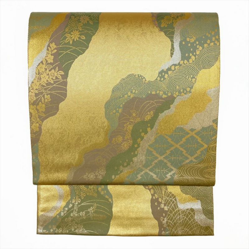 たんす屋 リユース帯 帯 袋帯 金地 フォーマル セミフォーマル 六通 金糸 銀糸 道長取り 秋の草花 流水 波 吉祥文