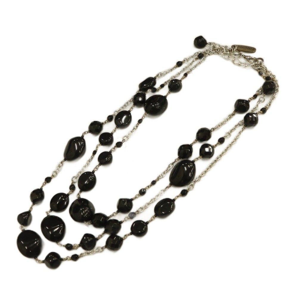 マックスマーラ MAX MARA ネックレス 3連 ビーズ ビジュー ロング シルバーカラー 黒 ブラック |KW GY 18