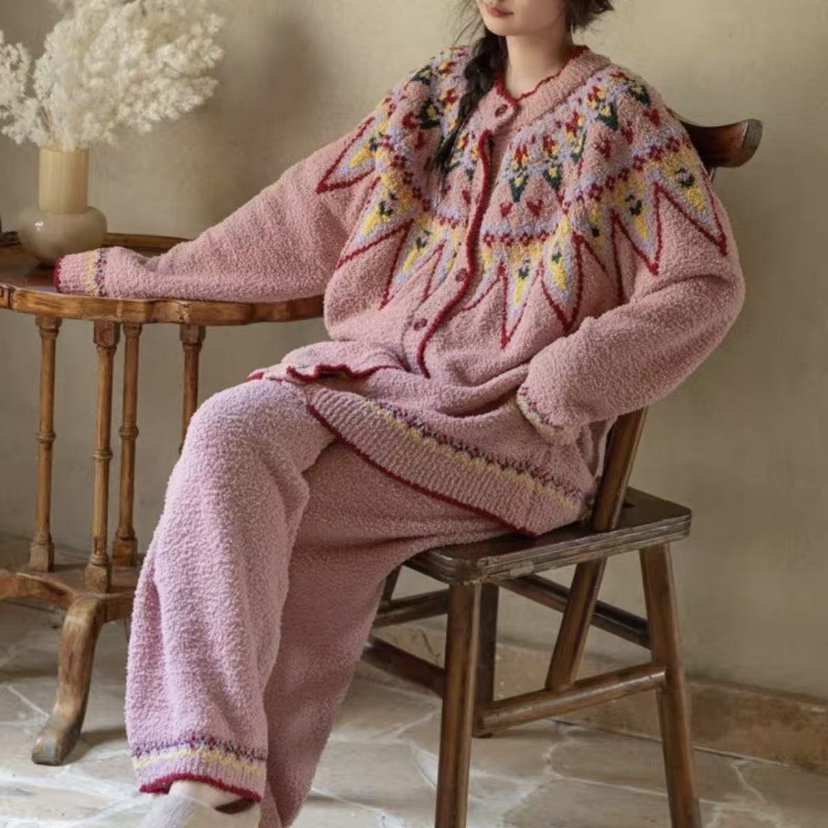 ピンク エスニック柄 半面フリース ルームウェア レディース フリーサイズ
