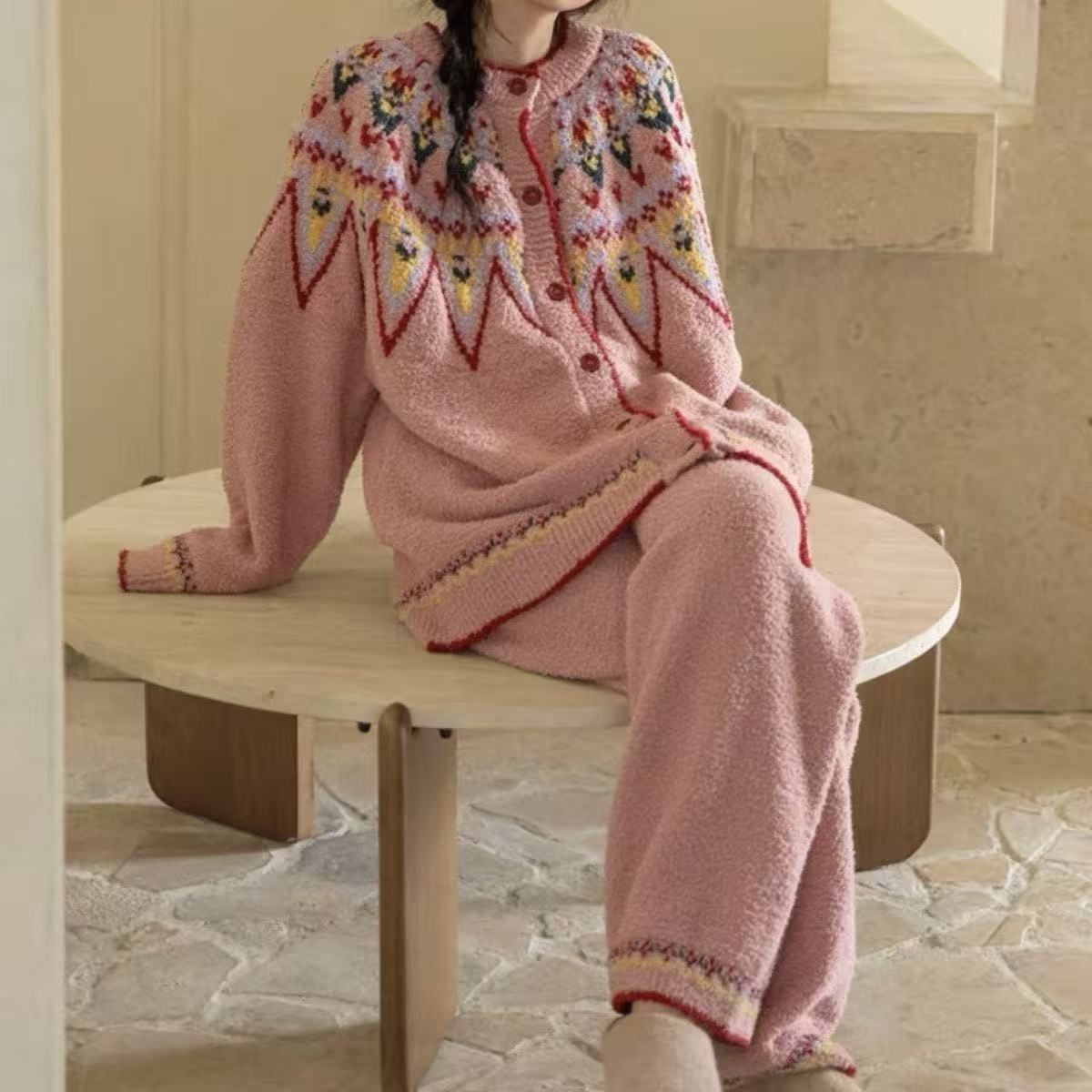 ピンク エスニック柄 半面フリース ルームウェア レディース フリーサイズ