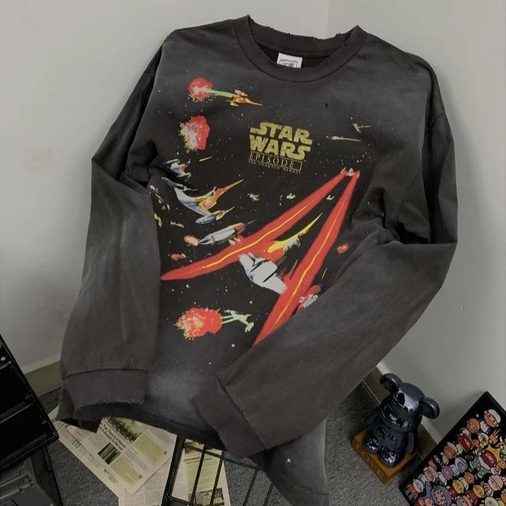 ♥ 宇宙戦闘機 総柄プリント ヴィンテージウォッシュ ロングスリーブTシャツ 男女兼用 サイズ S～XL K