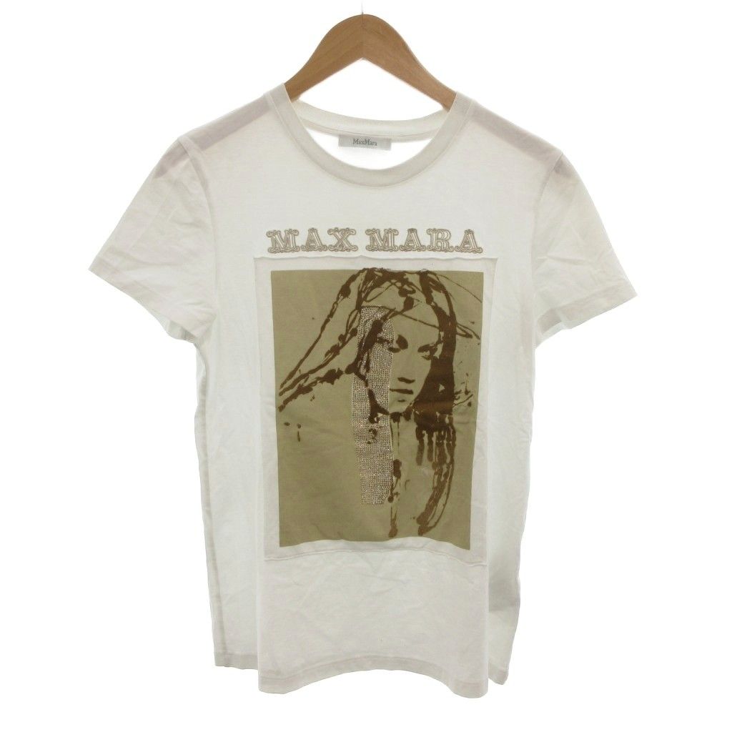 マックスマーラ MAX MARA 白タグ プリントTシャツ カットソー ラインストーン ビジュー 半袖 M ホワイト |FF GY 19
