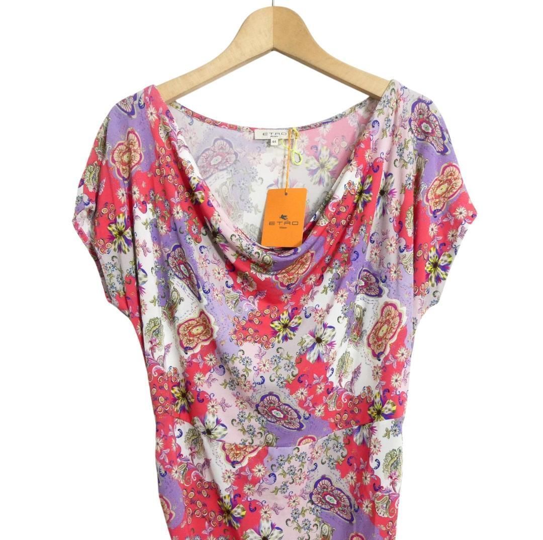 ETRO エトロ サイズ44 花柄 総柄 ドレープ ドルマンスリーブ 半袖 膝丈 ミニ丈 ワンピース ドレス レーヨン ストレッチあり マルチカラー