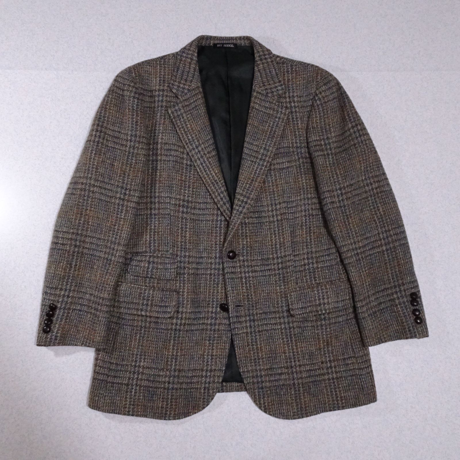 90 s BAY BRIDGE Harris Tweed ベイブリッジ ハリスツイード テーラードジャケット ウール ツイード くるみボタン サイドベント 90年代～ オリーブ ブラウン