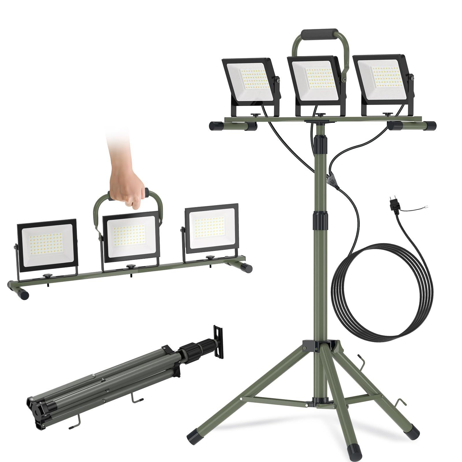 三脚付きスタンドライト 高さ調節106-195 cm 作業ライト スタンド付き投光器 昼光色 6500 K 2灯対応 高輝度 高放熱 防水IP 66 長寿命 ワークライト 省エネ 軽量 屋外 広角120° 100 V 30000 lm 携帯式 伸縮タイプ 240 W 折畳