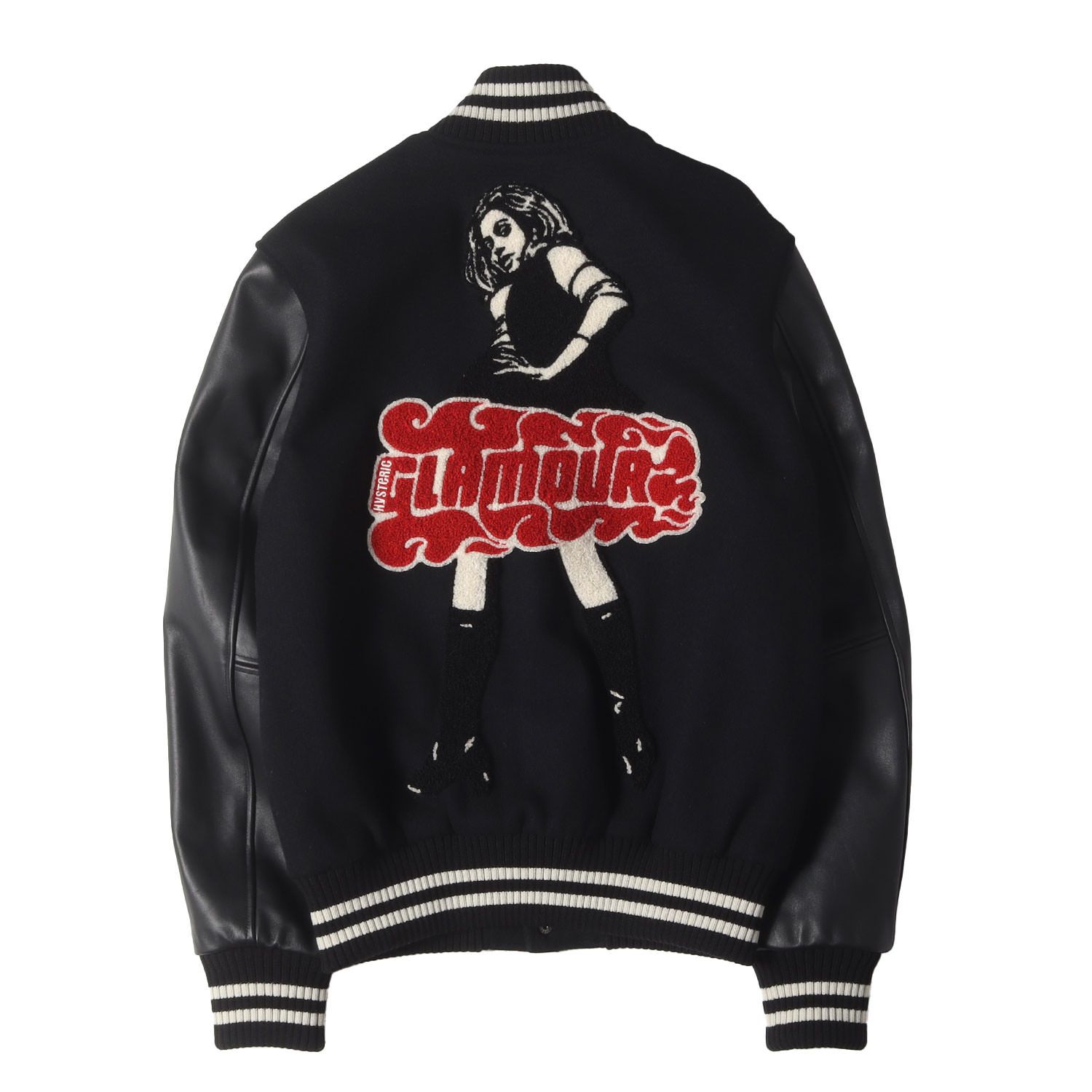 【オールブラック】ヒステリックグラマー　パイルロゴ入　袖レザースタジャン　XL オールブラック】ヒステリックグラマー パイルロゴ入 袖レザー