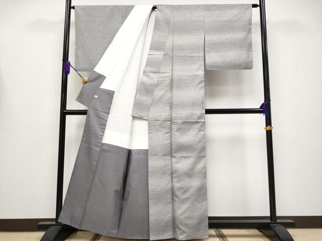 ● 上 石川県指定無形文化財 牛首紬 白山工房 手織 訪問着 片身替わり 横段文 銀鼠色 ほていや扱い 証紙付き s 6