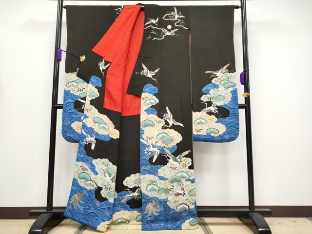 ● 上 アンティーク 大正ロマン 中国三大刺繍 相良刺繍 振袖 飛鶴花松文 黒地 金糸 s 6