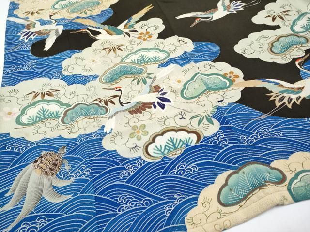  ● 上 アンティーク 大正ロマン 中国三大刺繍 相良刺繍 振袖 飛鶴花松文 黒地 金糸 s 6 振袖 着物