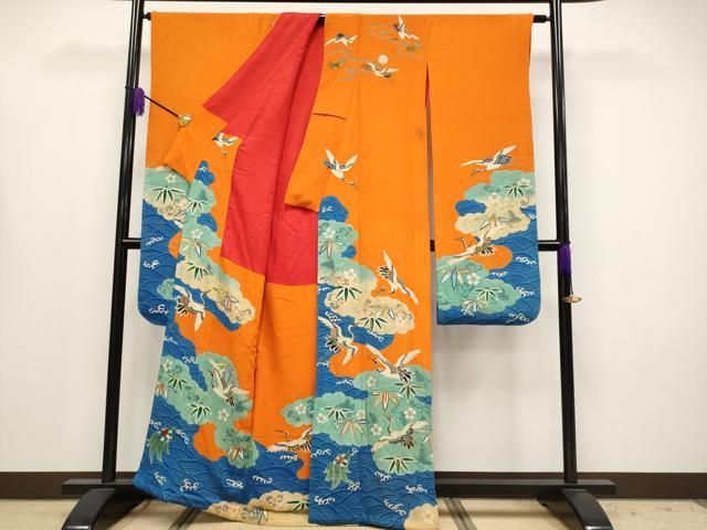 ● 上 アンティーク 大正ロマン 中国三大刺繍 相良刺繍 振袖 松竹梅 蓑亀 鶴 金糸 赤橙色地 s 6