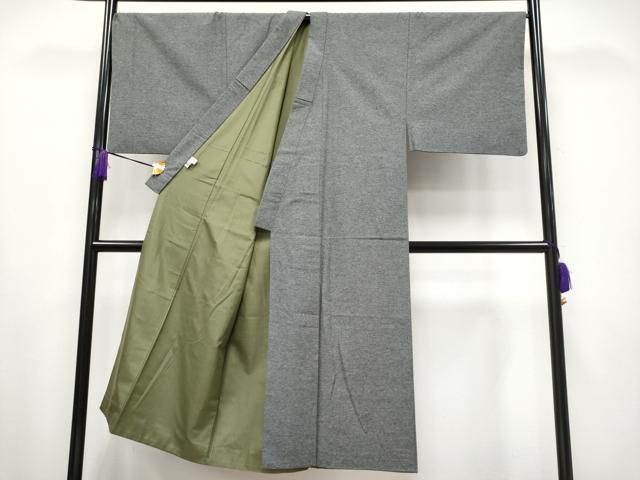 上 男性 紬 羽織 長襦袢セット 着物 網代織 墨色 お召 利休鼠色 s 6