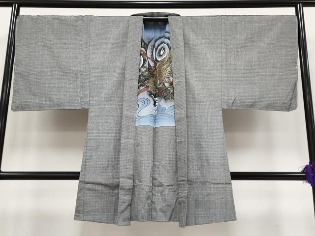 平和屋本店○極上 男性 紬 アンサンブル キングサイズ 薄墨色地 逸品