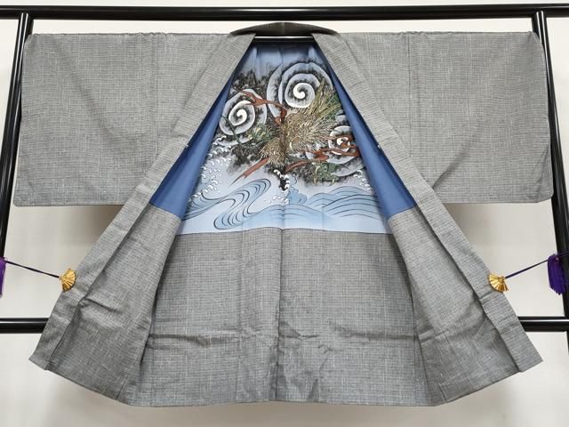 平和屋本店○極上 男性 紬 アンサンブル キングサイズ 薄墨色地 逸品