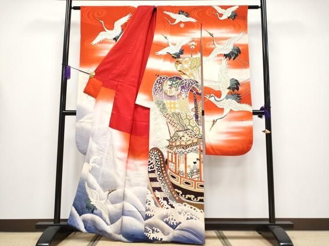 ● 上 アンティーク 大正ロマン 振袖 手描き 人物船飛鶴文 暈し染め 金彩 s 6