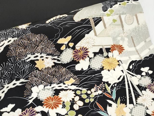 平和屋本店○極上 塩瀬 九寸開き名古屋帯 駒刺繍 御所解文 黒地 金彩