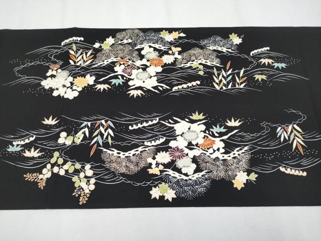 平和屋本店○極上 塩瀬 九寸開き名古屋帯 駒刺繍 御所解文 黒地 金彩