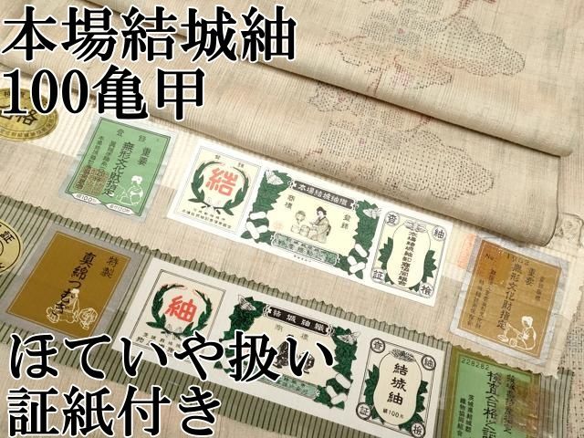 平和屋本店○極上 本場結城紬 重要無形文化財 100亀甲 雲取り枝椿文