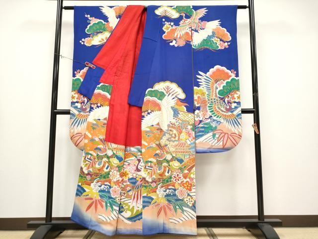 ● 上 アンティーク 大正ロマン 振袖 駒刺繍 飛鶴宝船文 金彩 紺青色地 s 6