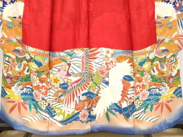  ● 上 アンティーク 大正ロマン 振袖 駒刺繍 飛鶴宝船文 金彩 紺青色地 s 6 振袖 着物