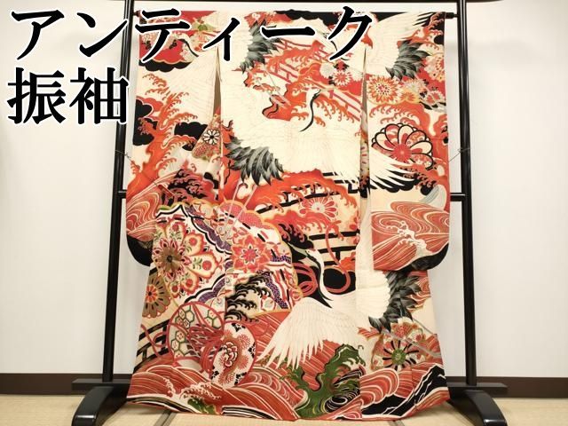 ● 上 アンティーク 大正ロマン 振袖 鼓飛鶴舞花文 金彩 s 6