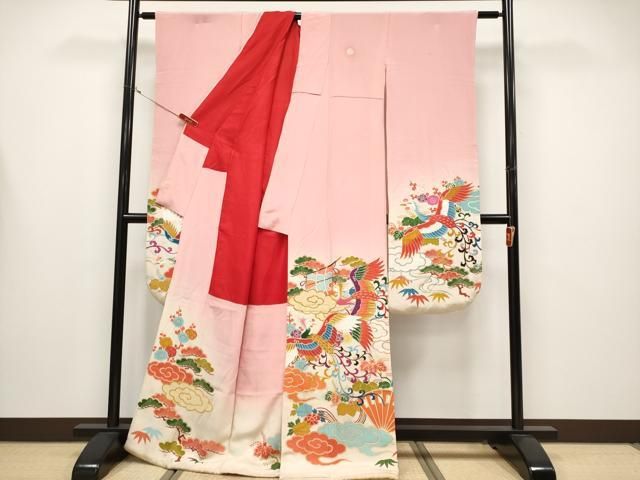 ● 上 アンティーク 大正ロマン 振袖 鳳凰雲取り枝花文 暈し染め 金彩 紅梅色地 s 6