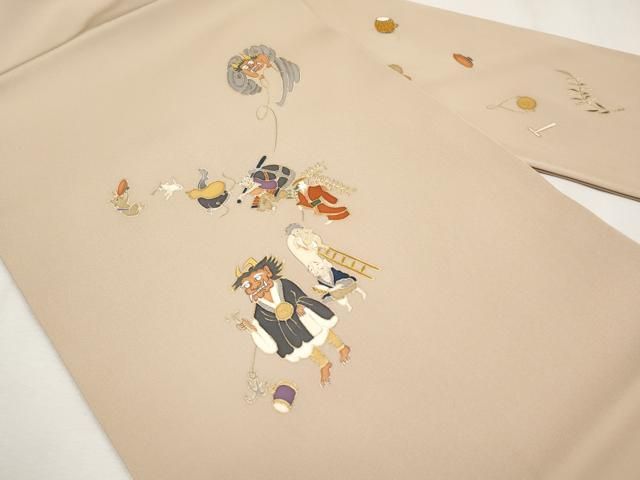 ● 上 塩瀬 九寸名古屋帯 手描き 大津絵 金彩 白茶色地 ♥ s 6