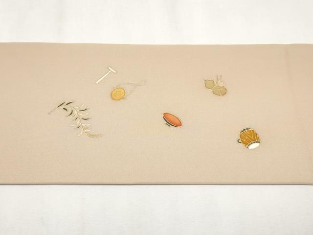 平和屋本店○極上 塩瀬 九寸名古屋帯 手描き 大津絵 金彩 白茶色地