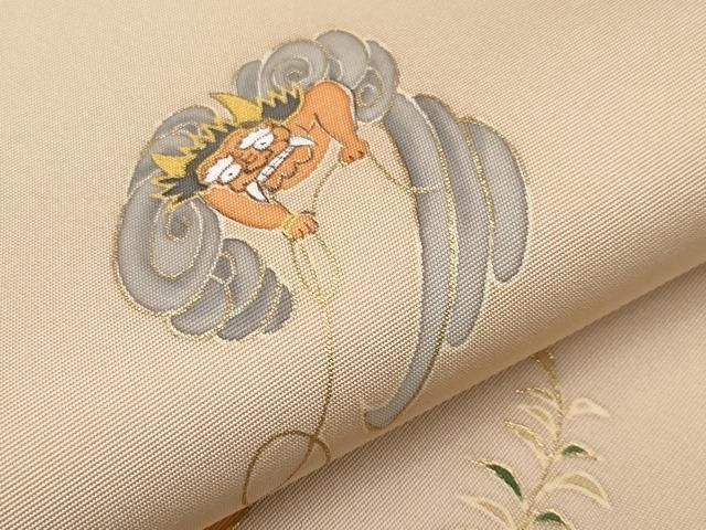 平和屋本店○極上 塩瀬 九寸名古屋帯 手描き 大津絵 金彩 白茶色地