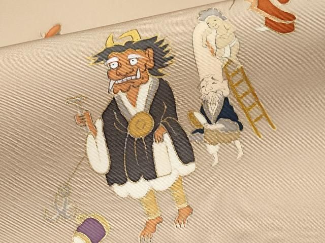 平和屋本店○極上 塩瀬 九寸名古屋帯 手描き 大津絵 金彩 白茶色地