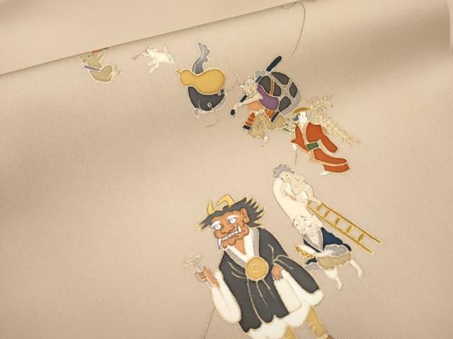 平和屋本店○極上 塩瀬 九寸名古屋帯 手描き 大津絵 金彩 白茶色地