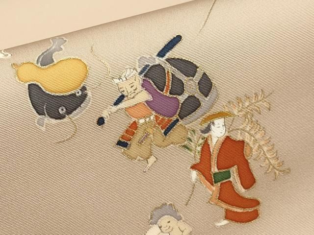 平和屋本店○極上 塩瀬 九寸名古屋帯 手描き 大津絵 金彩 白茶色地