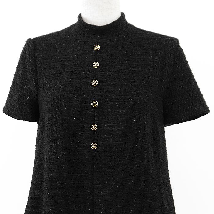 GUCCI グッチ ツイードラメワンピース グリッター コンビネーション シグネチャー GG インターロッキング メタルゴールドボタン スタンドカラー ショートスリーブ 半袖 Aライン ドレス レディース サイズ 36 ブラック 黒 イタリア製
