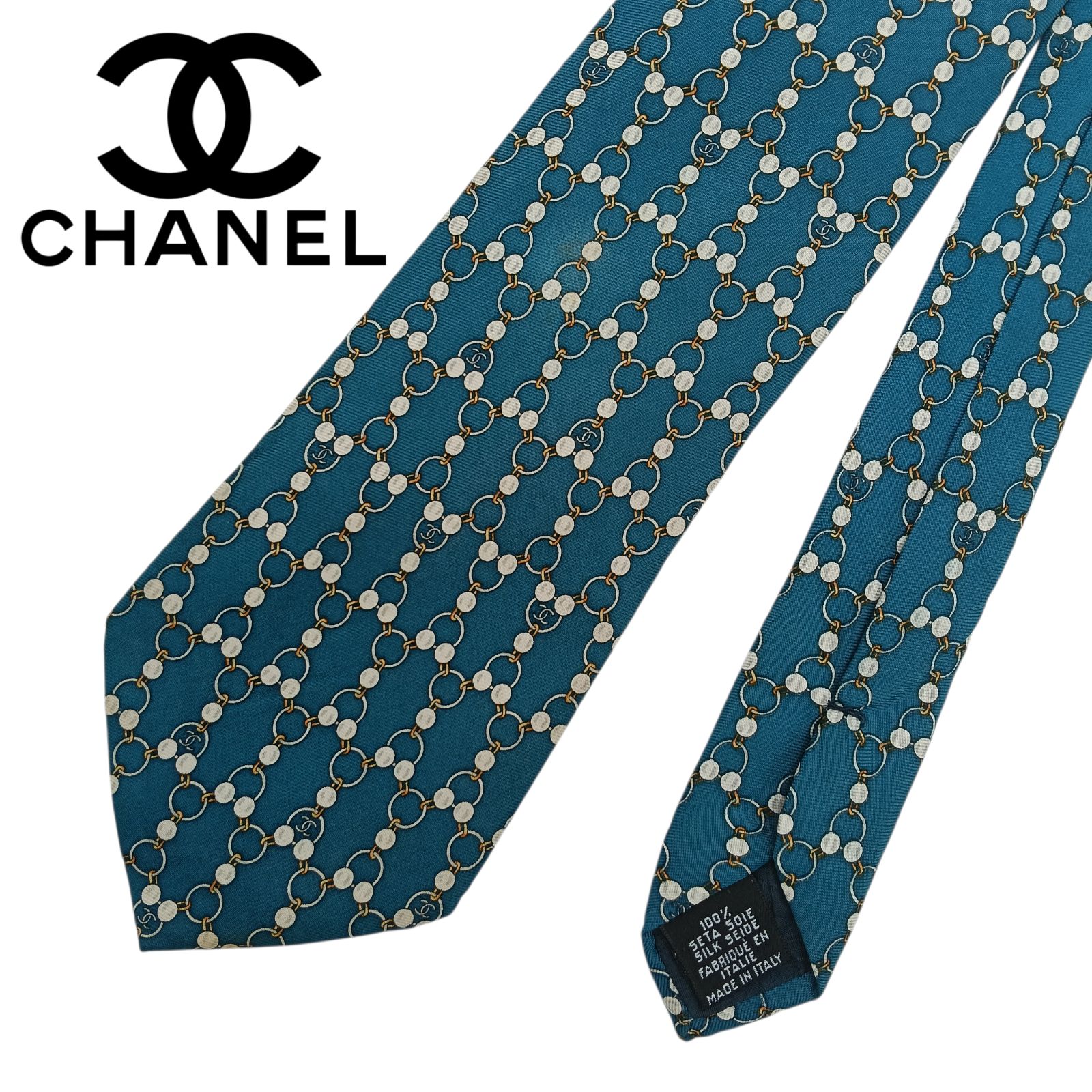 CHANEL シャネル ネクタイ ココマーク チェーン付 シルク 総柄 ブルー系 ビジネス