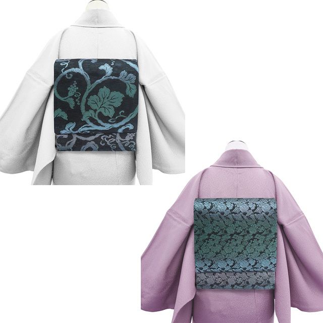 袋帯 ♥ 正絹 京都 西陣 リバーシブル 両面 全通 軽量織 軽量帯 箔糸 黒 緑 青 銀 葡萄唐草 宝尽くし さが美扱い セミフォーマル ～ カジュアル 春 秋 冬 上 仕立て上がり みやがわ sb 54940