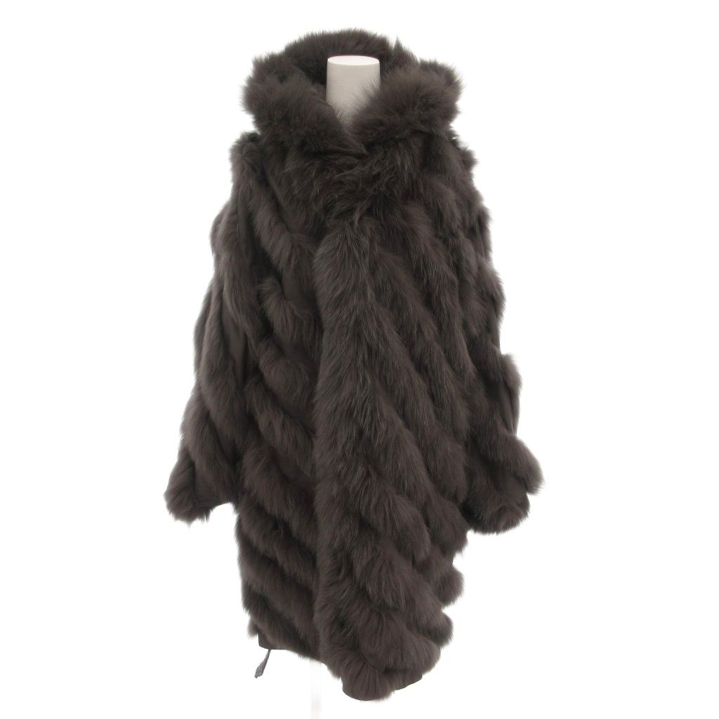 ノーブランド ファーコート M L シルク ブルーフォックス リバーシブル 2 WAY ロング グレージュ |AE GY 18