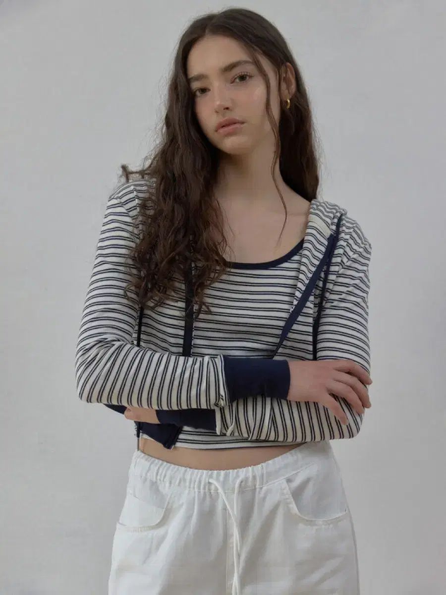 HETHERMENT ストライプフーディジップアップ ネイビー