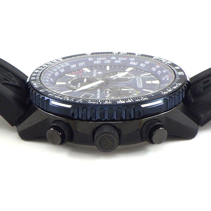 シチズン CITIZEN 腕時計 プロマスター SKYシリーズ CB 5006-02 L|E 660-A 180 N 01 ネイビー文字盤 デイト クロノグラフ 夜光インデックス スモールセコンド ブラック ラバーベルト SS ソーラー 箱 保付き