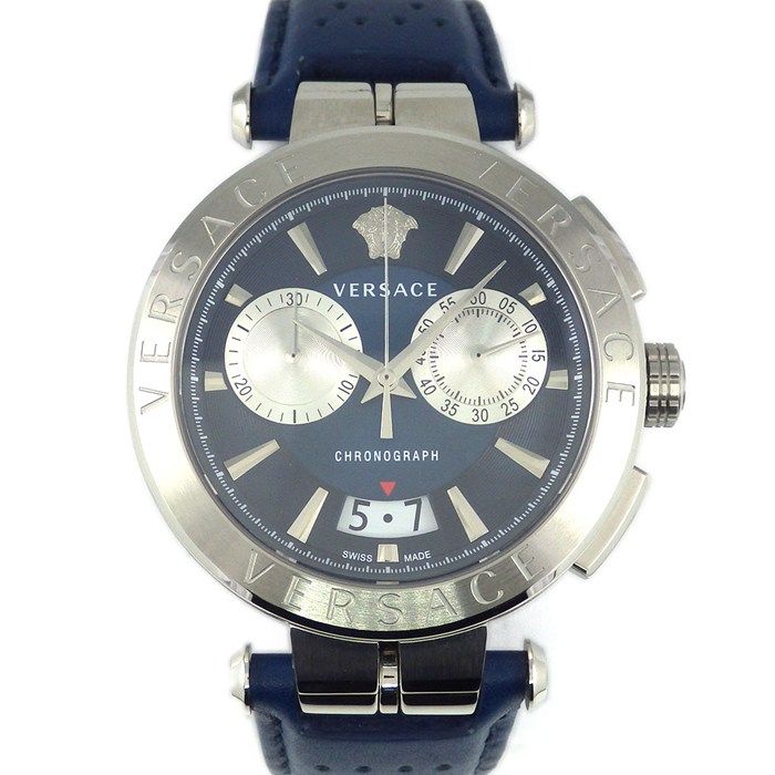ヴェルサーチェ VERSACE 腕時計 アイオン ブルー文字盤 デイト クロノグラフ スモールセコンド 牛革ベルト SS クオーツアナログ